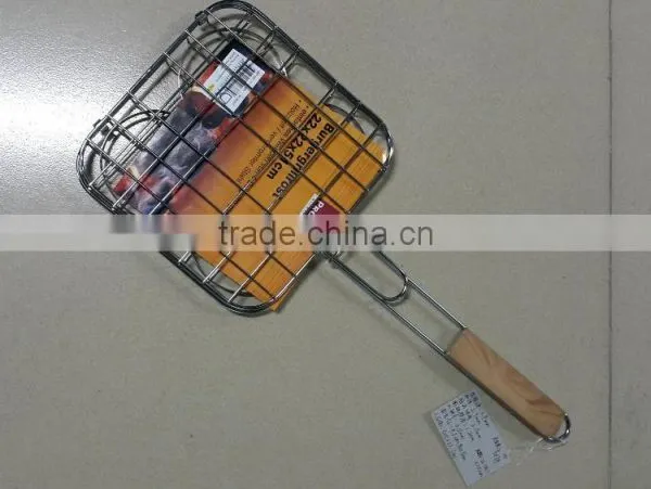 High Quality Non-stick Triple Hamburger Grill Basket With Wood Handle