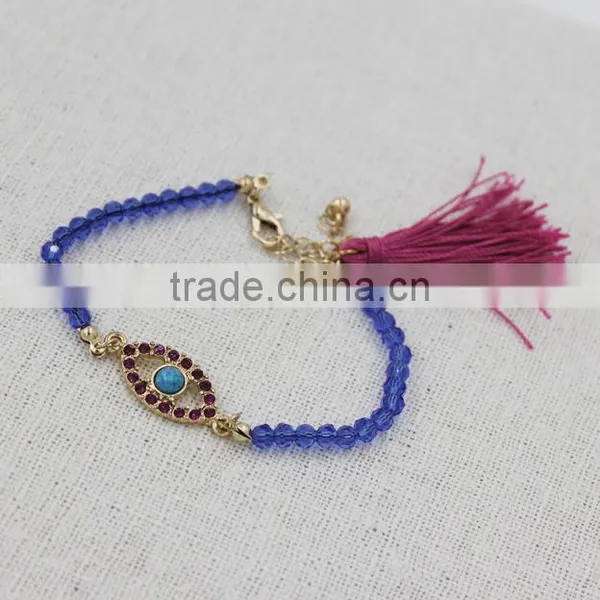 Rhinestone Turquoise Inset Oval Evil Eye Charm Crystal Bracelet Fashion Tassel Bracelet photo-4
