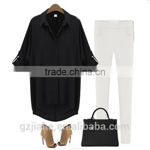 3 Colors Plus Size 2015 New Fashion Casual Women Clothing Ladies Chiffon Lapel Long Batwing Sleeve Shirt Top Blouse photo-2
