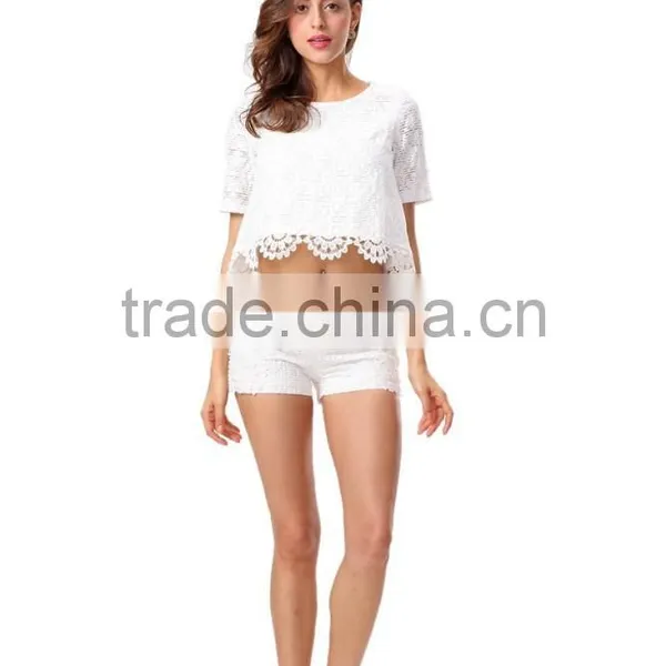 Fashion Design Crochet Scallop Hem Crop Top And Short 2pcs Co-ord Set photo-2