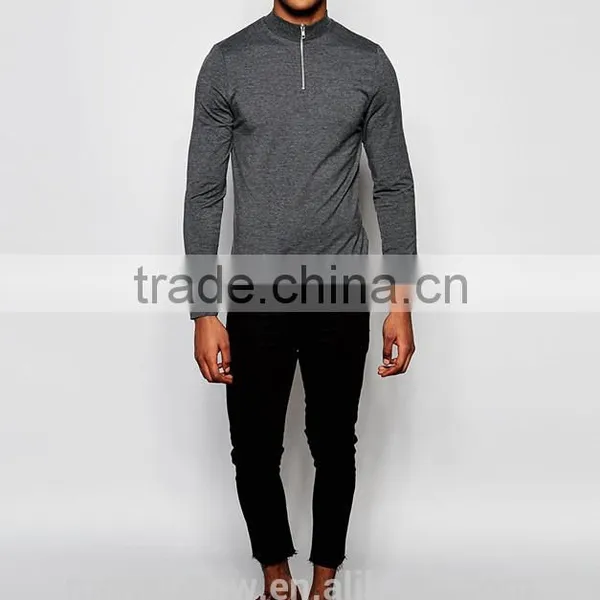 High Quality Mens 1/4 Zipper Long Sleeve T-Shirt Grey Plain Muscle Fit Gym T Shirt Sports Wear OEM photo-4