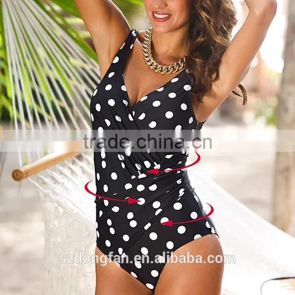 2016 New Arrival Vintage One Piece Swimsuit Women 2016 Plus Size Swimwear Beach Swim Wear Padded Print Polka Dot Bathing Suits photo-4