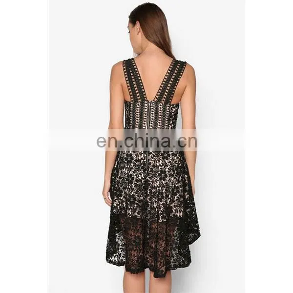 Custom Hi-Lo Hem Lace Dress Sexy V-neck Sleeveless Lace Cocktail Dress photo-3