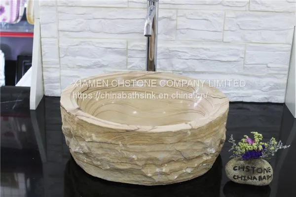 Australia Yellow Sandstone Bathroom Wash Round Basin Natural Stone Vessle Sink photo-2