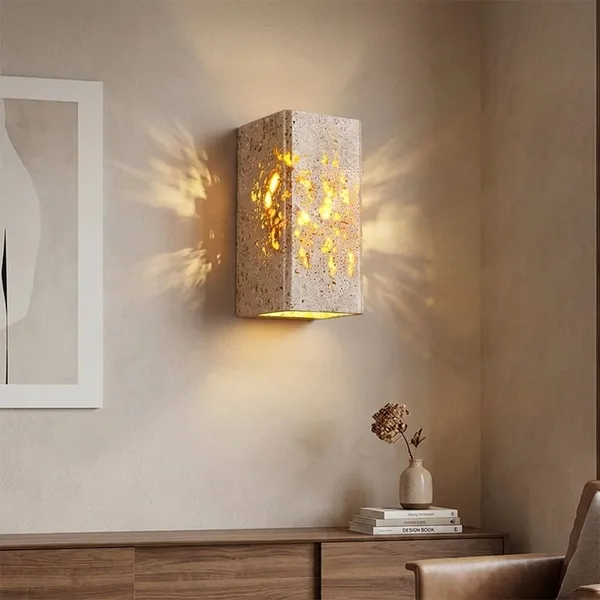 Rectangle & Cube Handcrafted Yellow Travertine Stone Wall Sconce Light photo-4