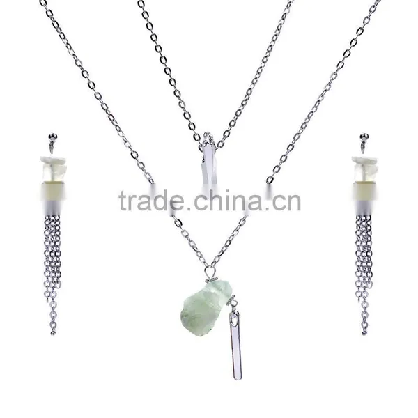Fashion Gold Jewelry Chain Layered Gemstone Pendant Necklace Earring Set photo-3