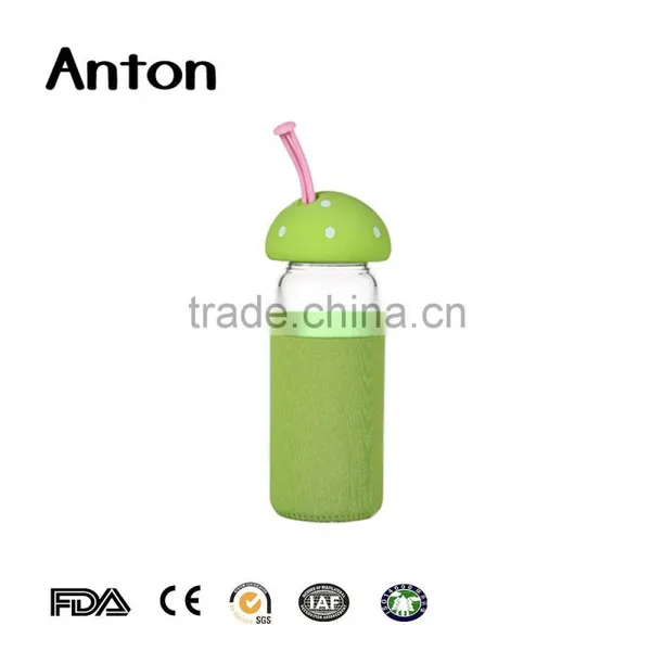 13oz Clear Round Empty Glass Water New Design Glass Water Bottle With Mushroom Shape Lid photo-3