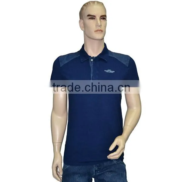 Men's Polo Shirt Cut & Sewn With Knitted Denim and Chambray Fabric, Indigo Blue, Enzyme Washed