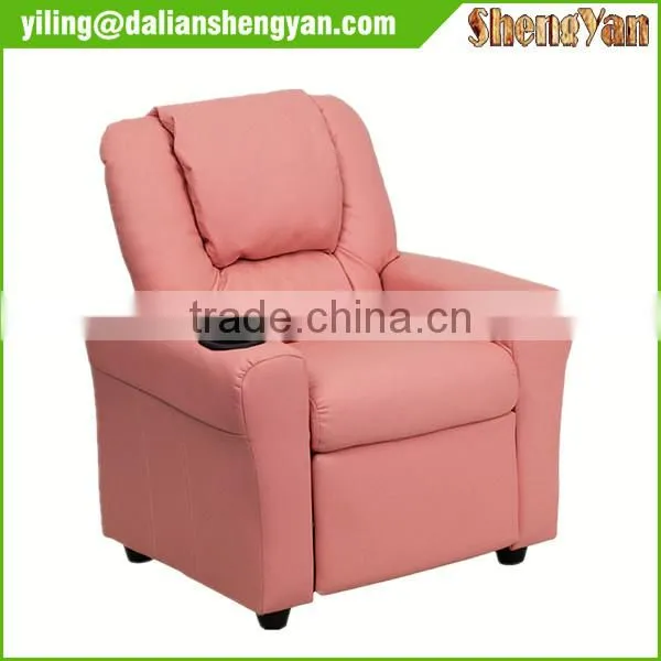 Contemporary Pink Vinyl Kids Recliner With Cup Holder and Headrest photo-3
