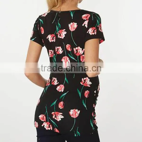 Black Tulip Print Wrap Maternity Top Clothes Cheap photo-2