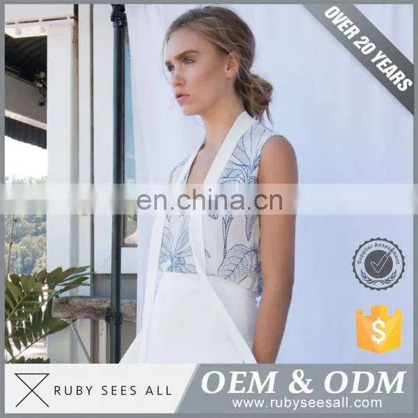 Unique Design Deep V Sexy Women Blouse LAKE HOUSE FLORAL Color Print Sleeveless T Shirt With Necktie Design