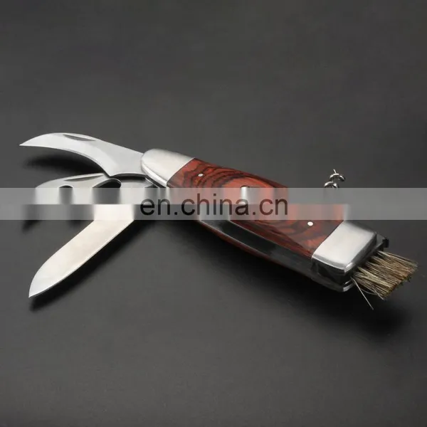 Stainless Steel Multi Function Wine Corkscrew Pocket Folding BBQ Brush Knife With Laguiole Pakka Wood Handle Mushroom Knife