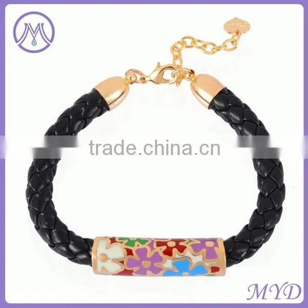 Red Leather Band With Fake Cloisonne Enamel Metal Clip Bracelet photo-5
