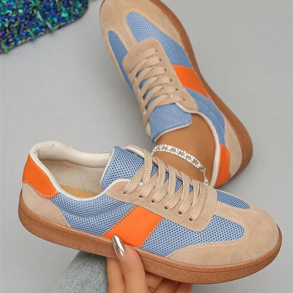 Buckskin Leopard Patchwork Lace Up Flat Sneakers White Mesh Color Block Patchwork Lace-up Sneakers Wholesale Women Running Shoes photo-5