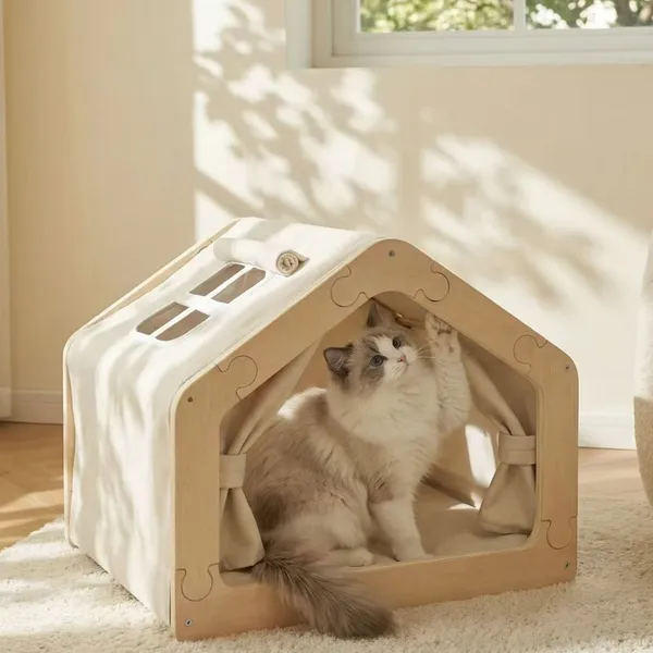 Solid Wood Pet House Cat Villa House for All Seasons Dog and Cat Pet Beds With Tent Semi-enclosed Insulation photo-3