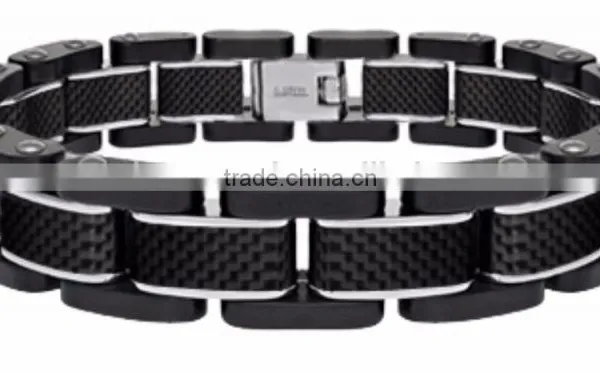 Fashion Men's Stainless Steel & Carbon Fiber Polished Bracelet Wholesale photo-2