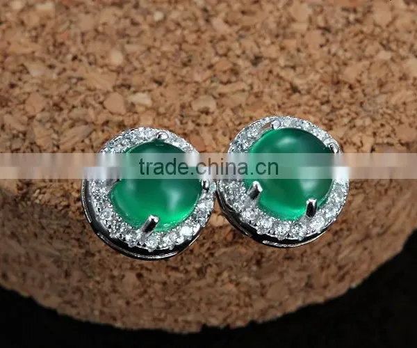 Silver Stering Natural Jade With Paving Setting Ear Studs for Women photo-3