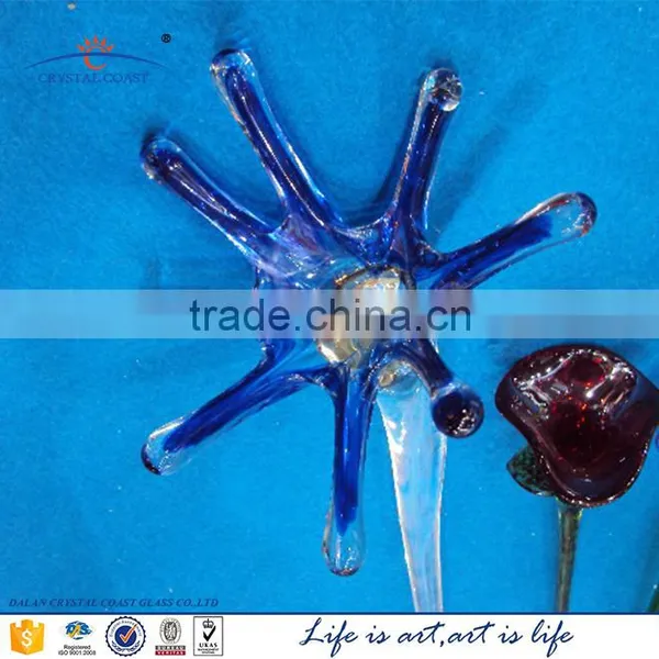 Vintage Green Stem Murano Hand Blown Blue Art Glass Flower photo-4