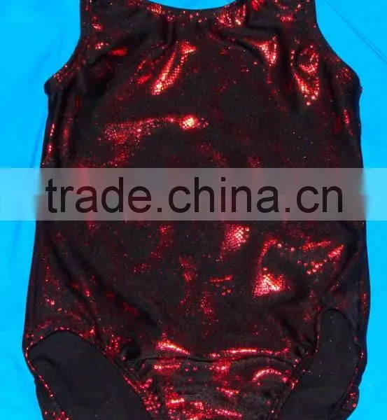 Clearance Gymnastics Leotards Dance and Short Set in Limited Sizes - Red Holographic Semi Circles on Black Backround photo-2