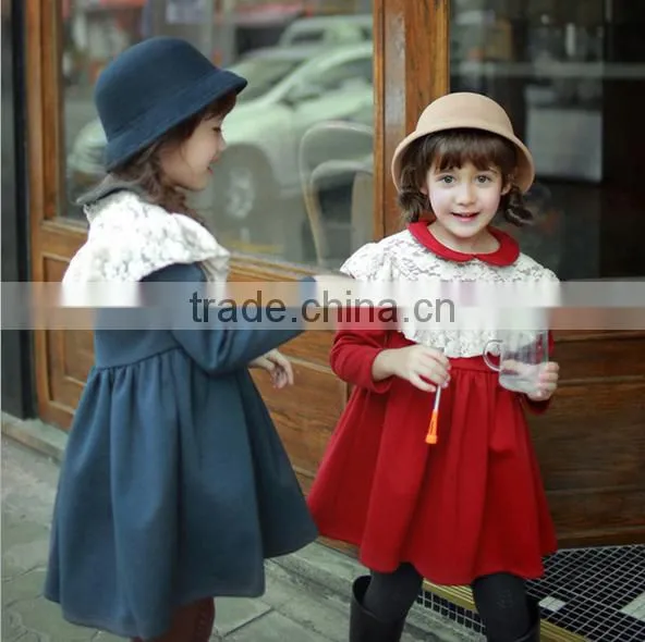 Lace Neck Children Fashion Dress for Sweat Girl Pure Color Frock Model for Children Girl photo-2