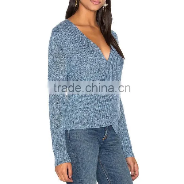 Blue Plain Custom V-neck Sweater for Women Pullover Sweater Dress photo-3