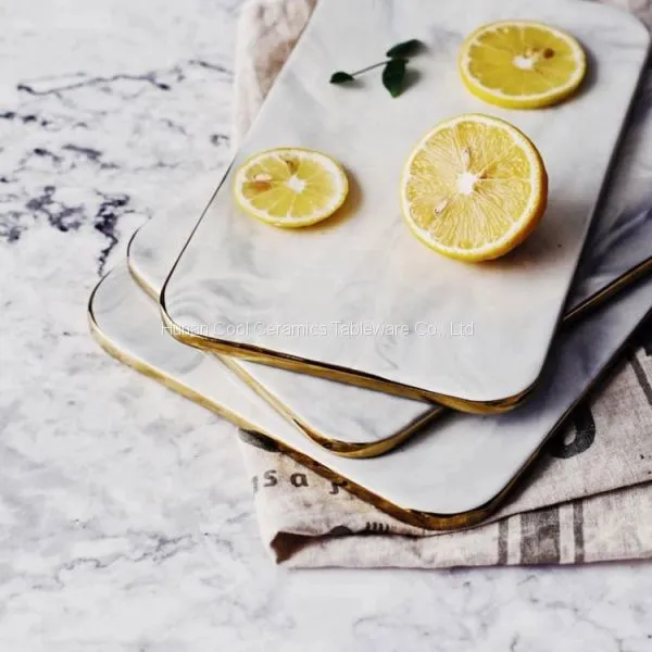 Modern 10/12 Inch Marbling Golden Edge Flat Ceramic Plate photo-3