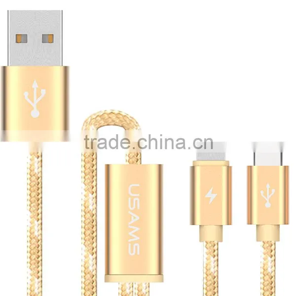 USAMS SJ046 1.2M Nylon Braided 2in1 Cable for Iphone 6/6s/6s Plus 2.1A USB Metal Weave Charging Data Cable for Type-c Device photo-3