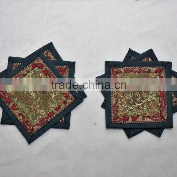 Placemats and Coaster in Green Color Indian Silk Table Runner photo-2