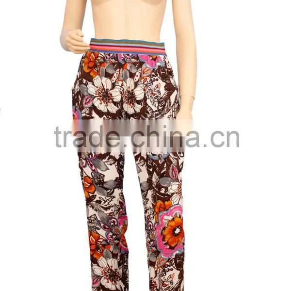 Women Rib Waisted Casual Pants 100% Rayon Print Trousers Tropical Floral Ninth Pants photo-2