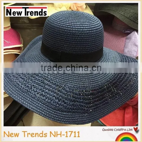 Navy Wide Brim Floopy Hat With Hollow Out in Middle for Fashion Lady