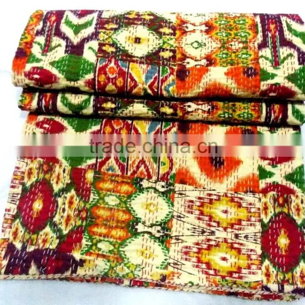 Patola Print Kantha Quilt Blanket Bedspread Reversible Throw Gudri Ralli Bohemian Quilt Blanket, Saree Patchwork photo-4