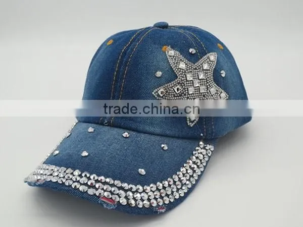Distressed Denim Baseball Cap With Diamond photo-5