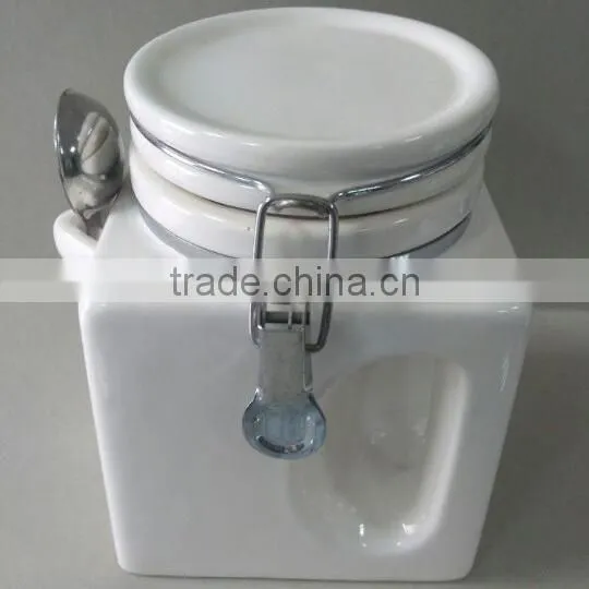 Plain White Ceramic Square Shape Storage Jar With Handle and Spoon photo-1