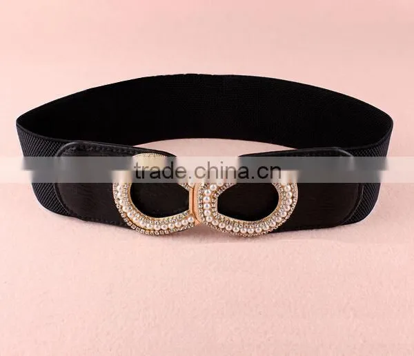 Wholesale Pearl and Rhinestone Inlaid Buckle Sex Women Lady Wide PU Waist Belt photo-3