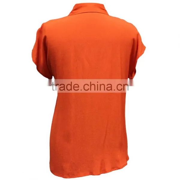 Summer Ladies Fashion New Model Short Sleeve Placket Hidden Loose Fit Plain Dyed Orange Sweet Shirts photo-2