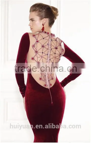 Wine Mermaid Long Sleeve Velvet Evening Dresses Bridesmaid Dress photo-3