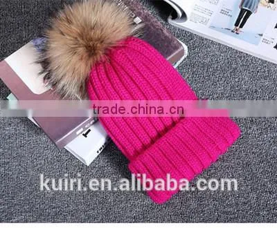 High Quality Cashmere Knitted Hat With Huge Big Fur Pompoms KR-H008 photo-3