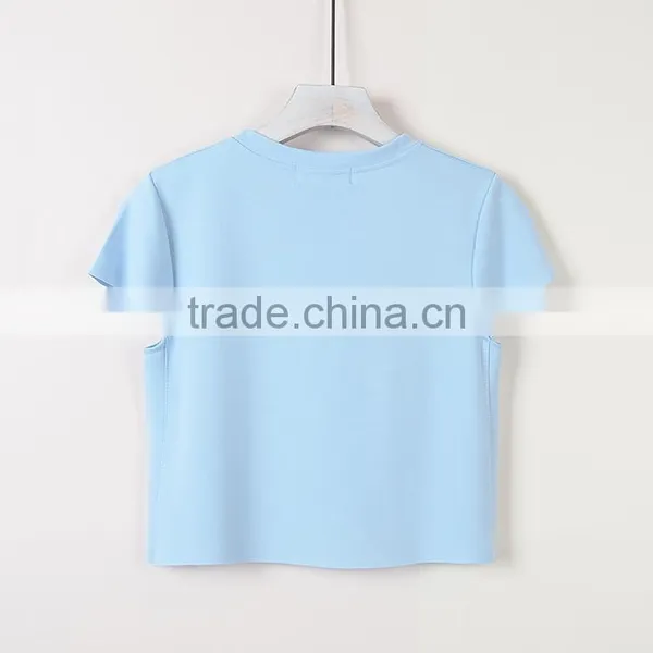 Custom Latest Design Dew Navel Attire Garment ,woman O-neck Short Sleeve Cut off T-shirts photo-2