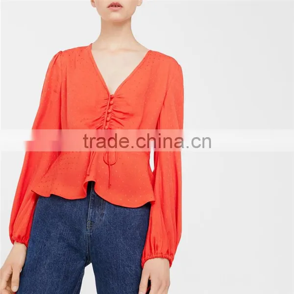 2017 Newest Style Factory Directly Produce Flowy Fluted Hem Button Front Blouse photo-3