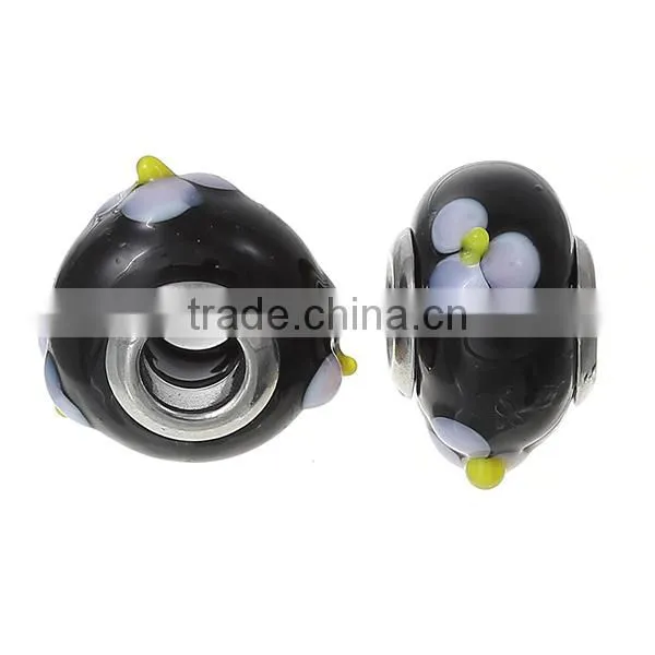 Lampwork Glass European Style Large Hole Beads Round Black Mauve Flower With 304 Stainless Steel Silver Tone Core photo-3