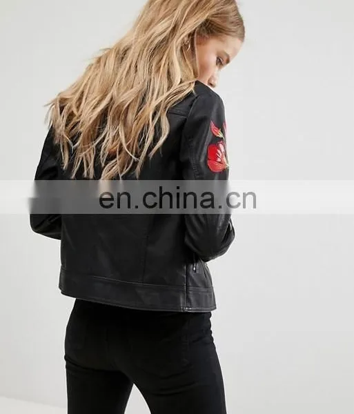 2017 Fashion Factory Price Ladies Embroider Jacket Women Clothing Pu/polyester Leather Jacket photo-3