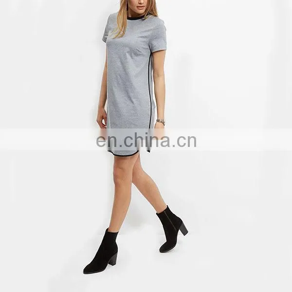 Latest Grey Contrast Trim T-Shirt Dress Short Sleeve Fashion Women Long T-shirt photo-3