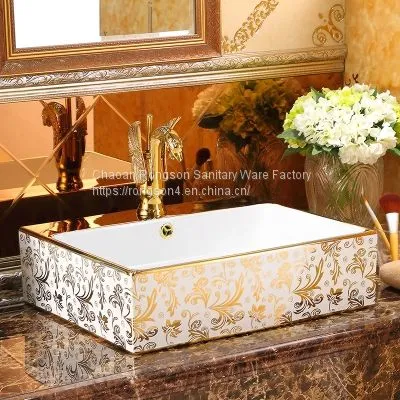 Hotel Bathroom Wash Sink Modern Gold New Round Big Size Pattern Electroplated Ceramic Washing Basin photo-4