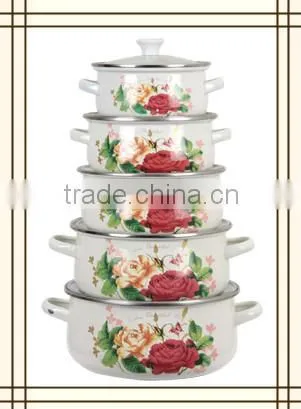 Elegant Red&Yellow Flower Decal Enamel Cooking Pot Set 5 Pcs Cast Iron Stew Pot Double Handle With Glass Lid