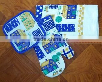 Printed Cotton Kitchen Oven Mitts Set With Towel and Pot Holder Bulk Buy From China photo-3