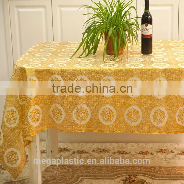 Gold Polyester Lace Table Cloth, PVC Lace Table Cloth Printed Gold Lace