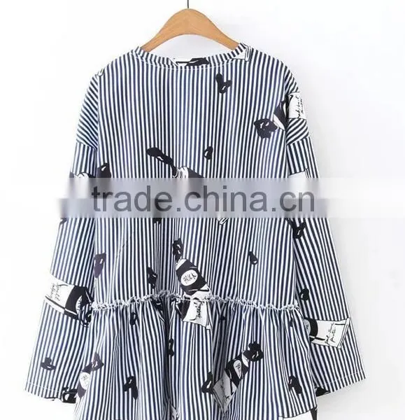 Runwaylover EY2374B Latest Designs Women Formal Blouse Blue Stripe Crane Print Animal Print Drop Shoulder 3/4 Sleeve Blouse photo-4