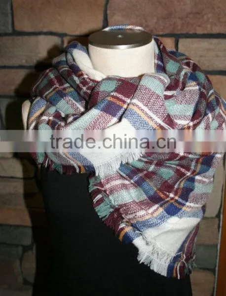Plaid Tartan Blanket Scarf Maroon Blue Plaid Scarf Christams Gift Scarves photo-2