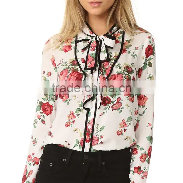 2017 Latest Long Sleeve Spring Fashion Ladies Floral Tie Neck Blouse photo-2