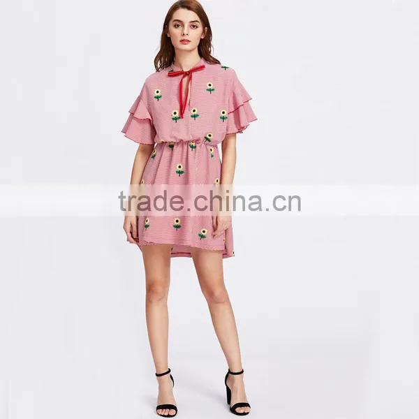 RED Flower Embroiedered and Ruffled Shoulder Women Cute Short Dress photo-6